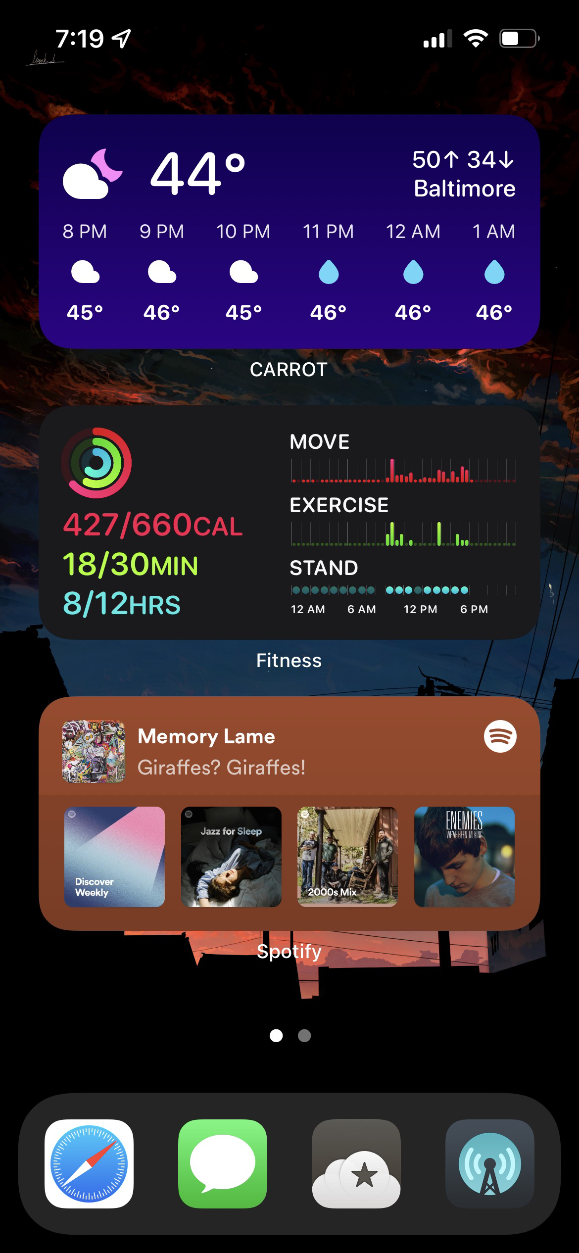 Home screen one, with Carrot Weather, Activity, and Spotify widget.