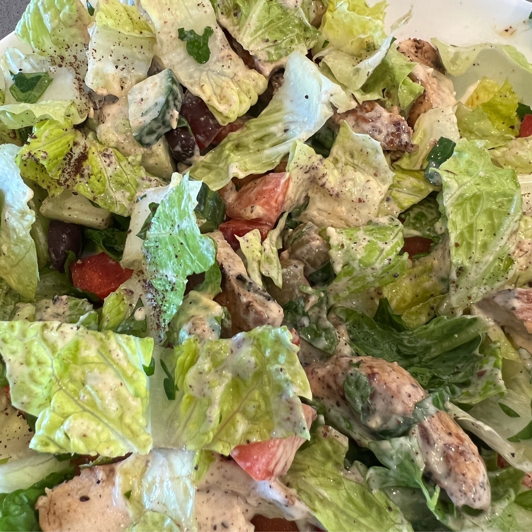Salad with romaine, red peppers, tomatos, olives, cucumber, grilled chicken, and a speckled, creamy dressing.